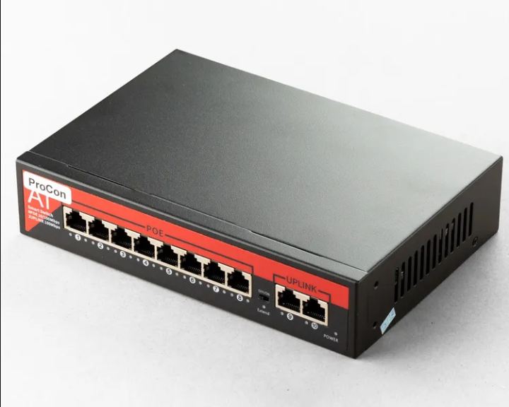 Коммутатор (свитч). 8 POE ( 802.3af/at ) портов, +2 ETH порта. 100Mbs ( Procon: sw8poe)