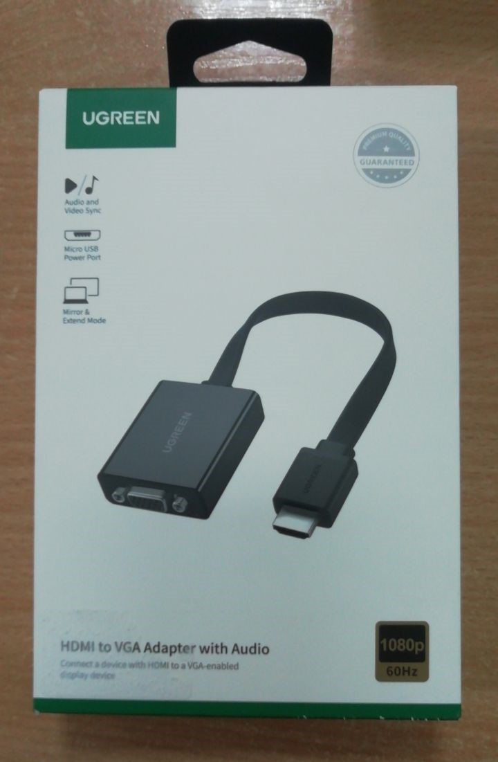 Переходник HDMI(M)-VGA(F) + jack 3,5, 0.25m, Ugreen (MM103), доп. питание от USB, плоский