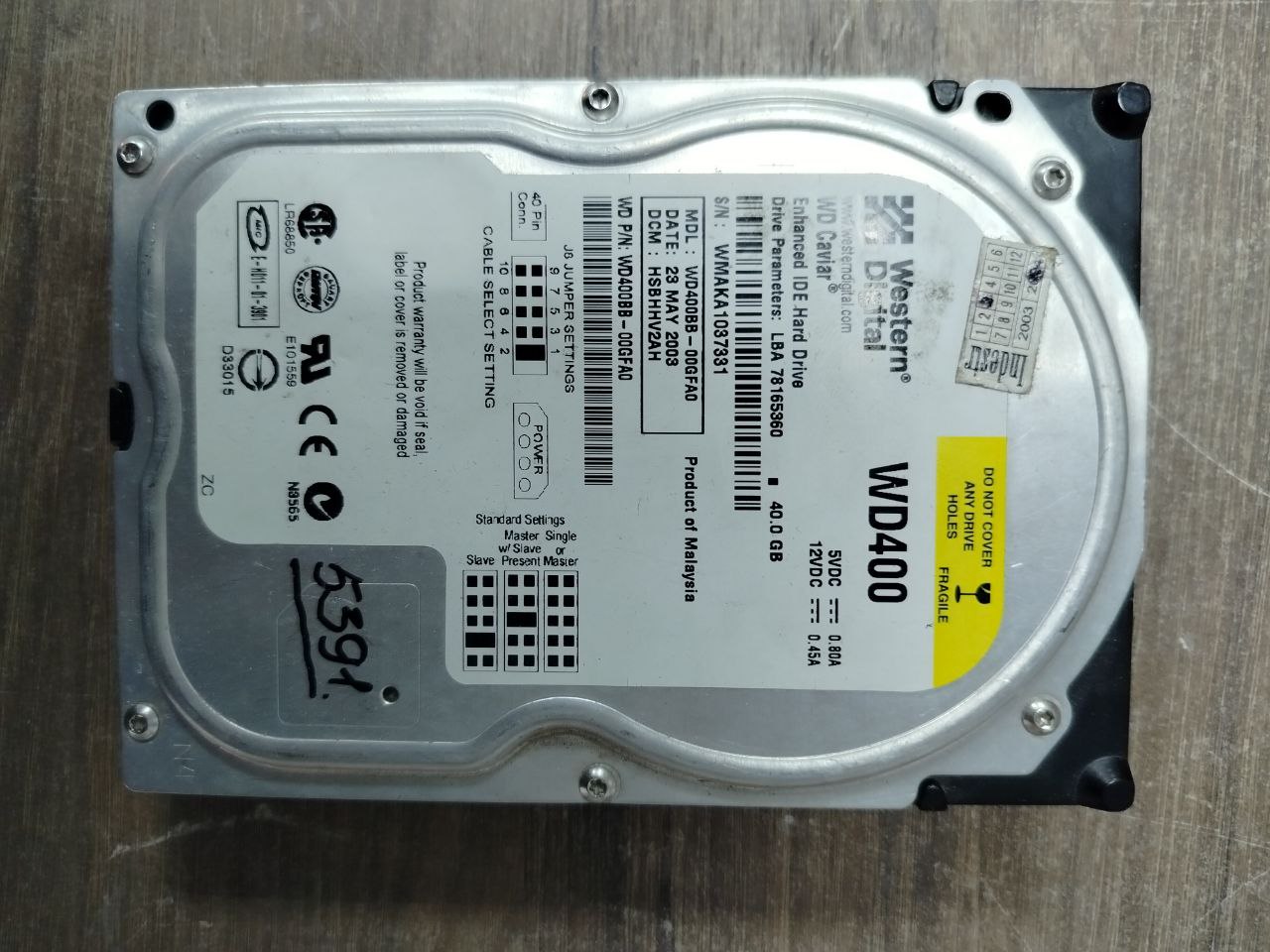 Жесткий диск Western Digital WD400 40 Gb s.n WMAKA1037331 б.у рабочее